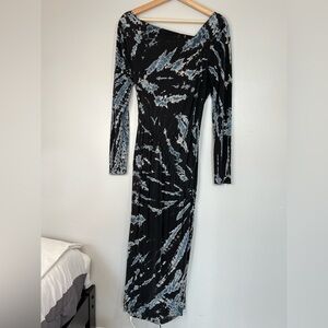 YFB Black Blue Tie-Dye Silky Cupro Bodycon Sexy Long Sleeve Maxi Dress